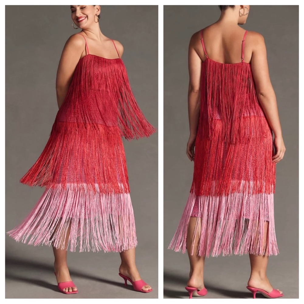 Anthropologie Let Me Be Tiered Pink Ombré Fringe Dress | SMALL NWT